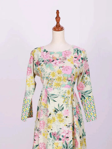 Multicolor Long Kurti Adorned with Floral Prints and Thread work - Diadem