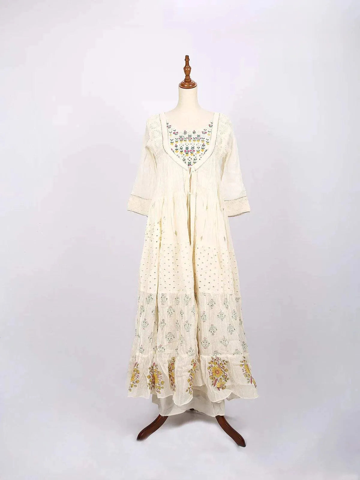 Ivory Long Kurti Enhanced with Floral Prints and Thread work - Diadem