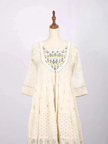 Ivory Long Kurti Enhanced with Floral Prints and Thread work - Diadem