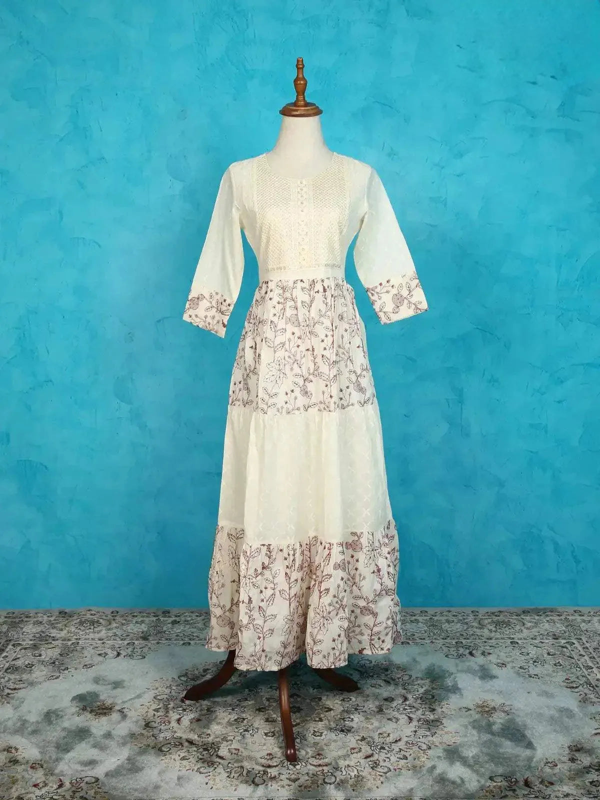 Ivory with Maroon Cotton Kurti Adorned with Floral Thread Work and Sequins - Diadem
