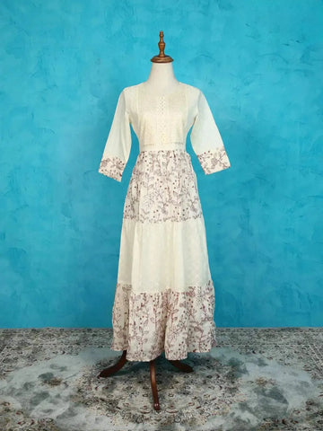 Ivory with Maroon Cotton Kurti Adorned with Floral Thread Work and Sequins - Diadem