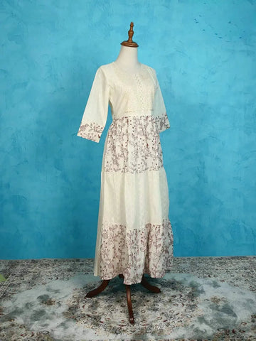 Ivory with Maroon Cotton Kurti Adorned with Floral Thread Work and Sequins - Diadem