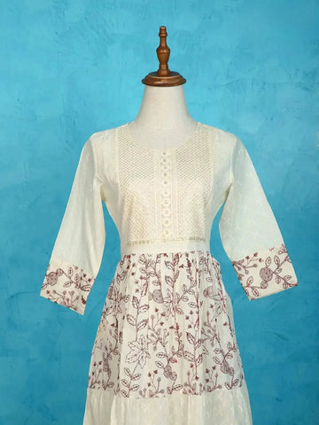 Ivory with Maroon Cotton Kurti Adorned with Floral Thread Work and Sequins - Diadem