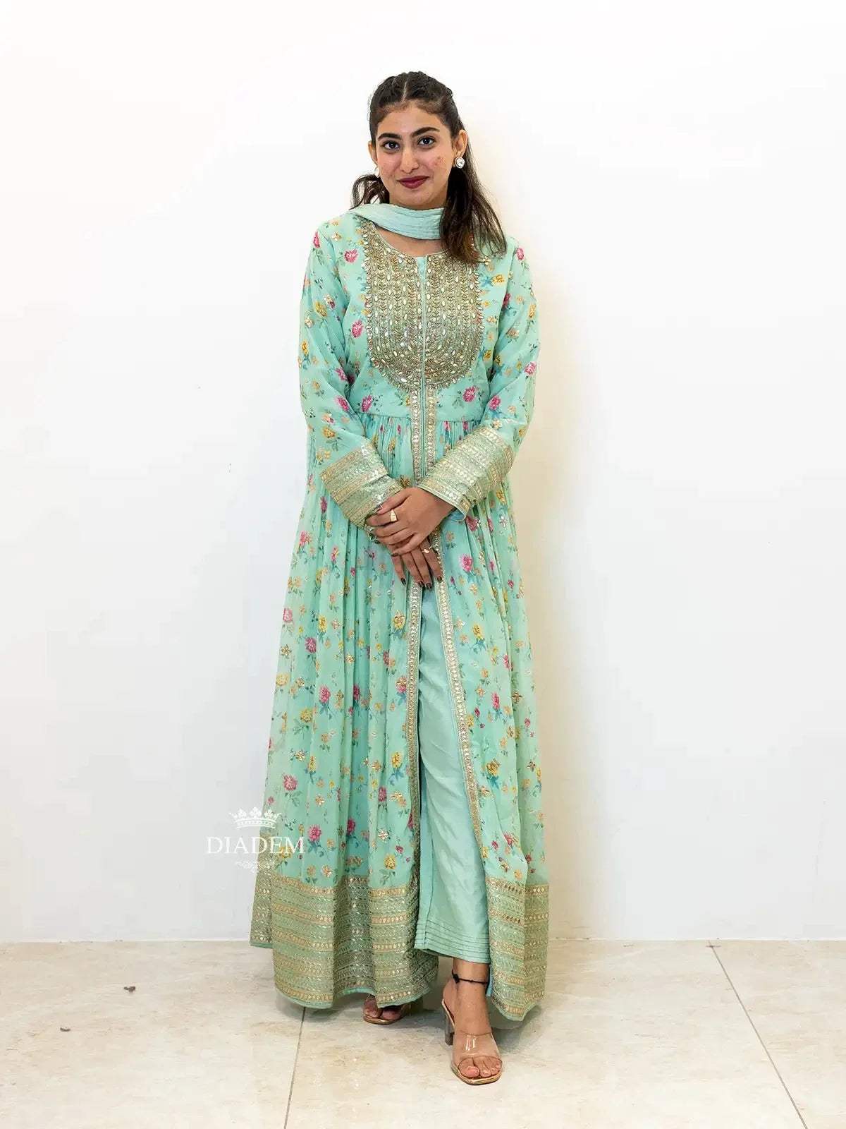 Light Green Anarkali Salwar Suit for Women Adorned with Floral Prints and Foil Work along with Dupatta - Diadem