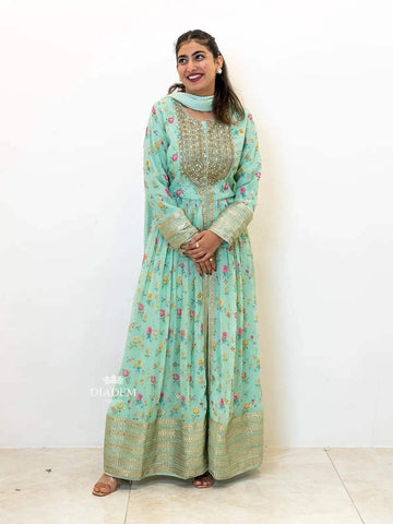 Light Green Anarkali Salwar Suit for Women Adorned with Floral Prints and Foil Work along with Dupatta - Diadem