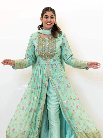 Light Green Anarkali Salwar Suit for Women Adorned with Floral Prints and Foil Work along with Dupatta - Diadem