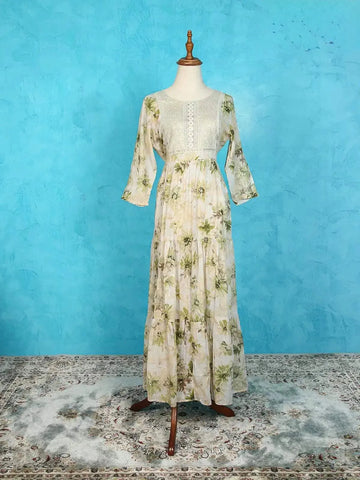 Cream Cotton Kurti Adorned with Floral Prints and Thread Work - Diadem