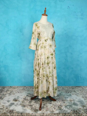 Cream Cotton Kurti Adorned with Floral Prints and Thread Work - Diadem