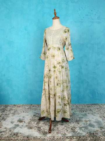 Cream Cotton Kurti Adorned with Floral Prints and Thread Work - Diadem