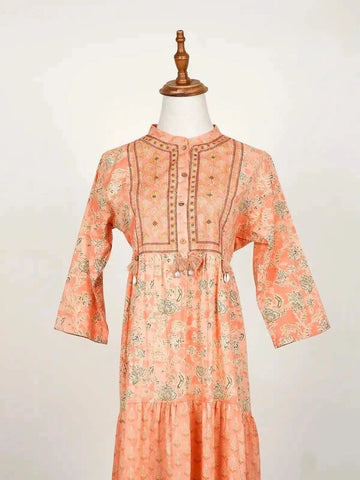 Light Peach Kurti Adorned with Floral Prints - Diadem