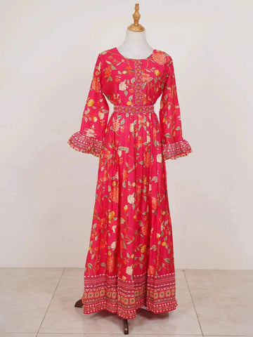 Pink Bell Sleeves Kurti Adorned with Floral Prints and Sequins - Diadem
