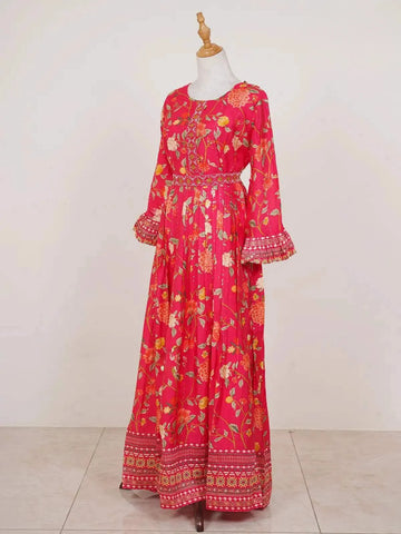 Pink Bell Sleeves Kurti Adorned with Floral Prints and Sequins - Diadem