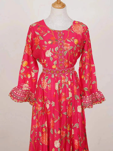 Pink Bell Sleeves Kurti Adorned with Floral Prints and Sequins - Diadem