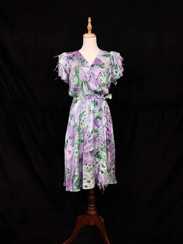 Purple Kurti Top Adorned with Floral and Ruffled Designs without Dupatta - Diadem