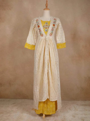 Yellow with White Kurti Adorned with Floral Prints and Thread work Embroidery - Diadem