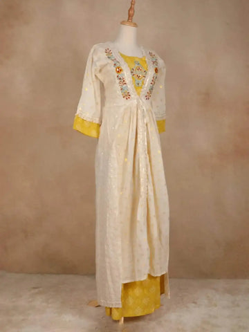 Yellow with White Kurti Adorned with Floral Prints and Thread work Embroidery - Diadem