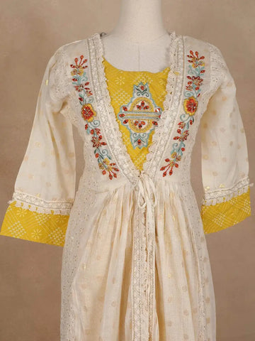 Yellow with White Kurti Adorned with Floral Prints and Thread work Embroidery - Diadem