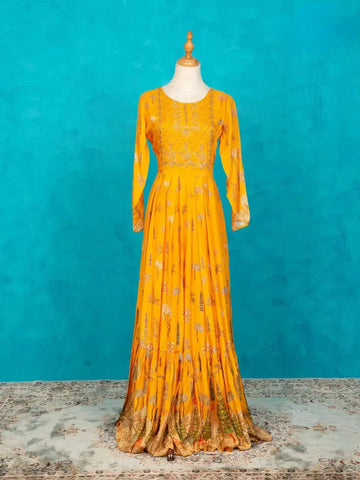 Chrome Yellow Long Kurti Adorned with Floral Prints and Sequins - Diadem