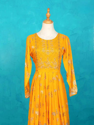 Chrome Yellow Long Kurti Adorned with Floral Prints and Sequins - Diadem