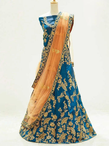 Ink Blue Raw Silk Semi Stitched Embroidered Lehenga with Dupatta - Diadem