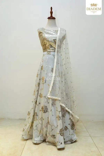 Grey Lehenga Adorned in Floral Sequins with Dupatta - Diadem