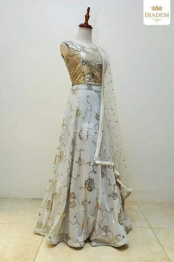 Grey Lehenga Adorned in Floral Sequins with Dupatta - Diadem