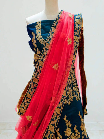 Dark Blue Raw Silk Semi Stitched Embroidered Lehenga with Dupatta - Diadem