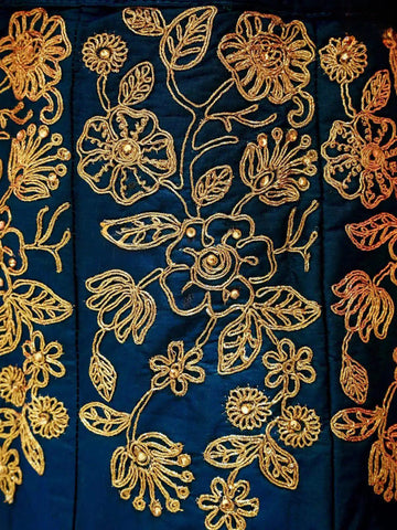 Dark Blue Raw Silk Semi Stitched Embroidered Lehenga with Dupatta - Diadem