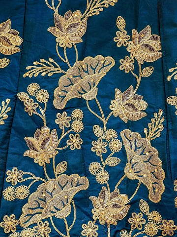 Dark Blue Raw Silk Semi Stitched Embroidered Lehenga with Dupatta - Diadem