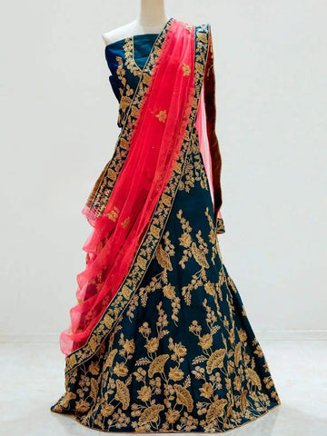 Dark Blue Raw Silk Semi Stitched Embroidered Lehenga with Dupatta - Diadem