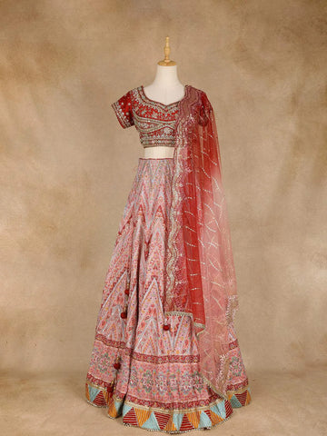 Red Lehenga Adorned with Floral Embroidery Designs, with Net Dupatta - Diadem
