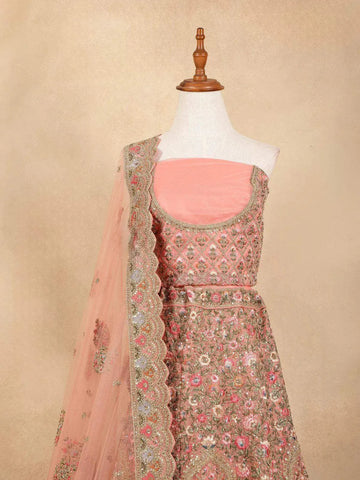 Light Peach Raw Silk Bridal Lehenga with Floral Embroidery - Diadem