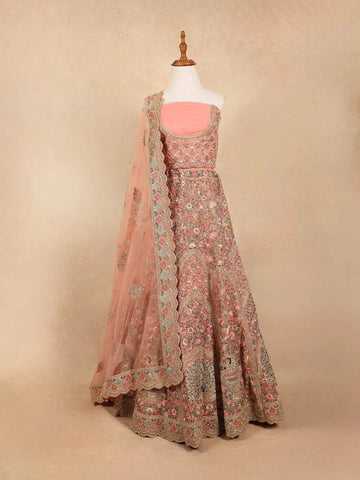 Light Peach Raw Silk Bridal Lehenga with Floral Embroidery - Diadem