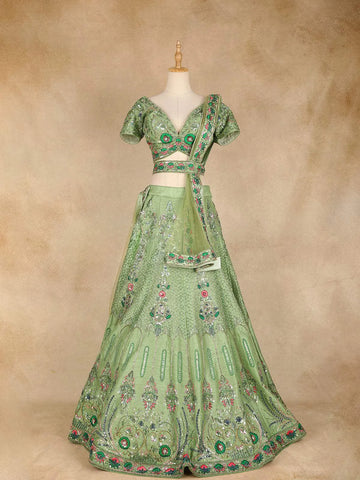Pista Green Lehenga Adorned with Floral Embroidery Designs, with Net Dupatta - Diadem