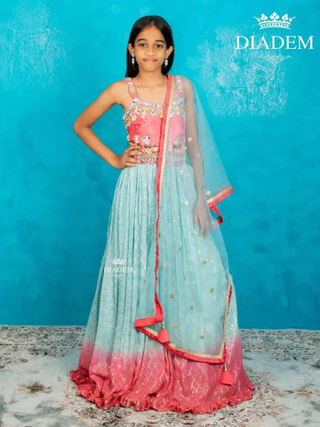 Blue and Pink Georgette Lehenga Embellished with Beads and Sequins along with Dupatta - Diadem