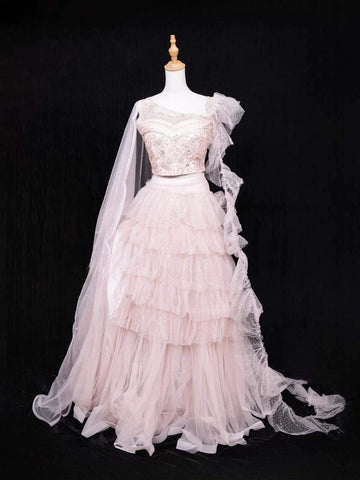 Peach Net Lehenga Embellished with Sequins and Beads Floral Design with Dupatta - Diadem
