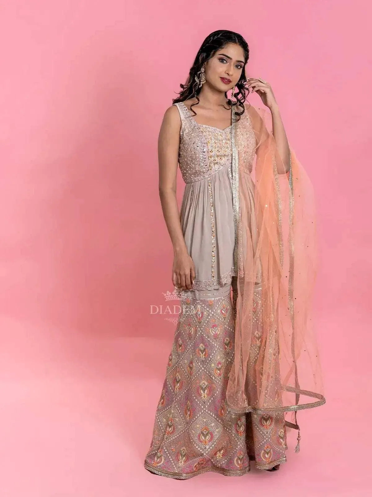 Ash Sharara Suit with Embroidered Peplum Top along with Dupatta - Diadem