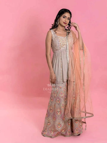 Ash Sharara Suit with Embroidered Peplum Top along with Dupatta - Diadem