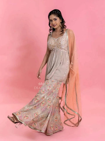 Ash Sharara Suit with Embroidered Peplum Top along with Dupatta - Diadem