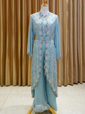 Light Blue Palazzo Salwar Suit for Women with Embroidered Long Overcoat and Waist Belt - Diadem