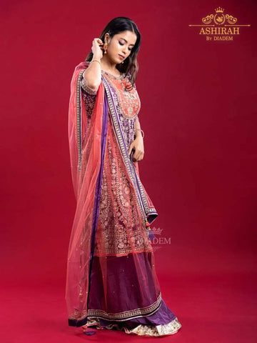 Grape Purple Palazzo Salwar Suit for Women Embellished in Floral Zari and Beads with Embroidery Dupatta - Diadem