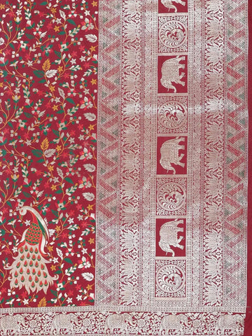 Maroon Semi Banarasi Saree with Floral and Peacock Motif on the Body and Design Border - Diadem