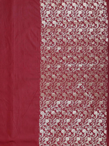Maroon Semi Banarasi Saree with Floral and Peacock Motif on the Body and Design Border - Diadem