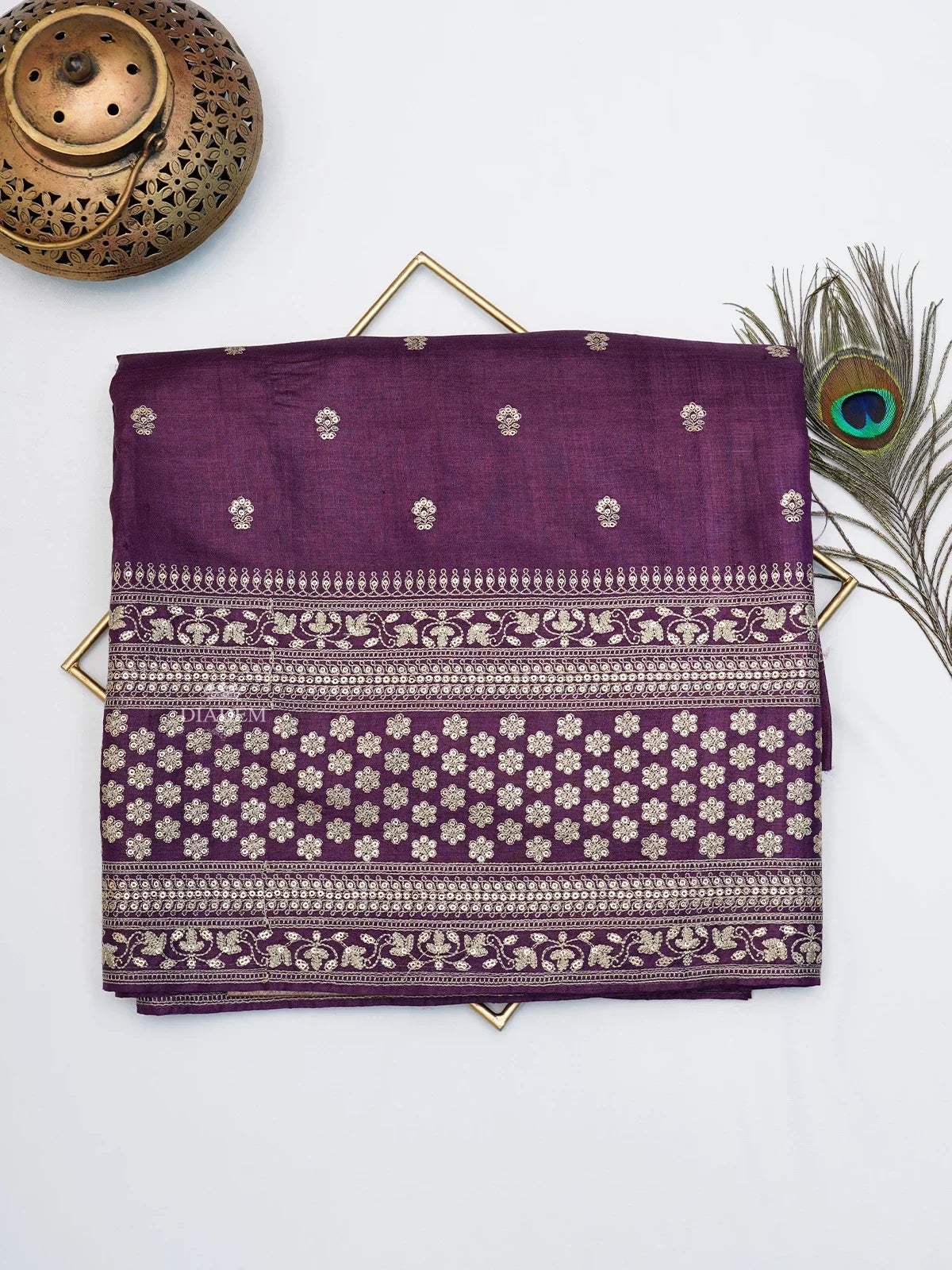 Purple Tussar Silk Saree with Floral Motif on the body and Embroidery Zari Border - Diadem