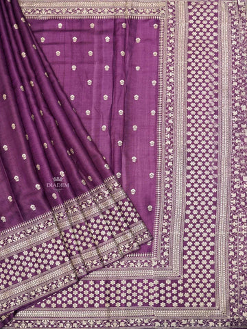 Purple Tussar Silk Saree with Floral Motif on the body and Embroidery Zari Border - Diadem