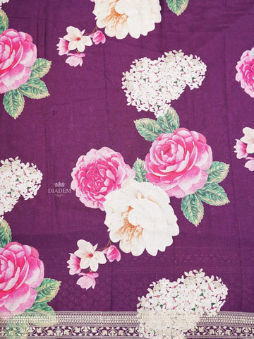 Purple Tussar Silk Saree with Floral Motif on the body and Embroidery Zari Border - Diadem