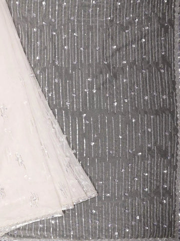 White Net Bridal Saree with Sequins Striped Design on the Body and Design Border - Diadem