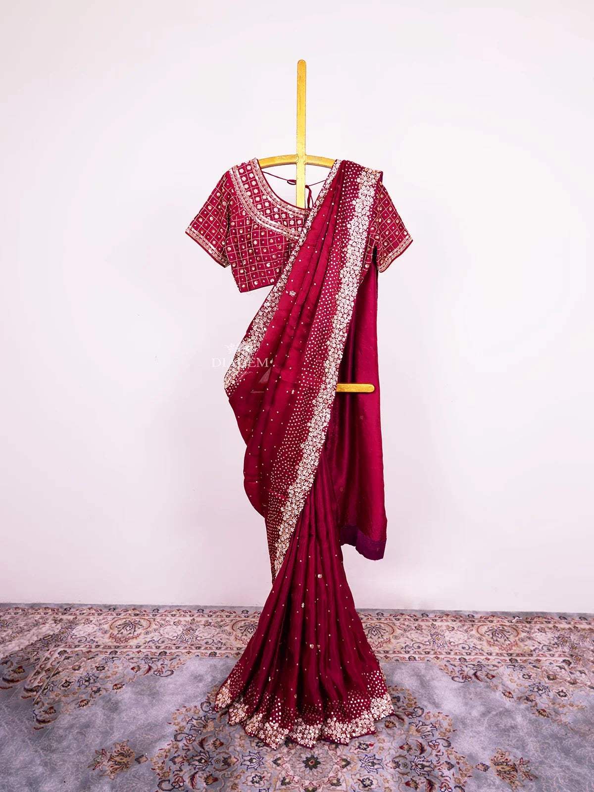 Burgundy Satin Crepe Saree with Sequins and Beads Embellished Border paired with Designer Blouse - Diadem