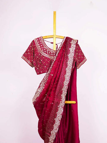 Burgundy Satin Crepe Saree with Sequins and Beads Embellished Border paired with Designer Blouse - Diadem