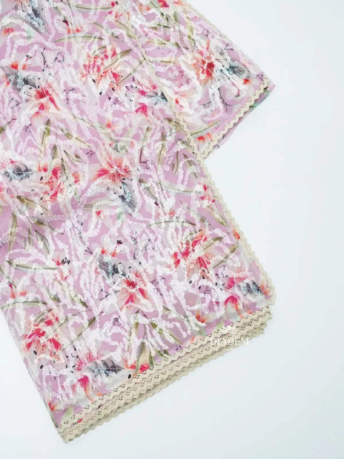 Lavender Organza Silk Saree Adorned in Floral Prints and Sequins - Diadem